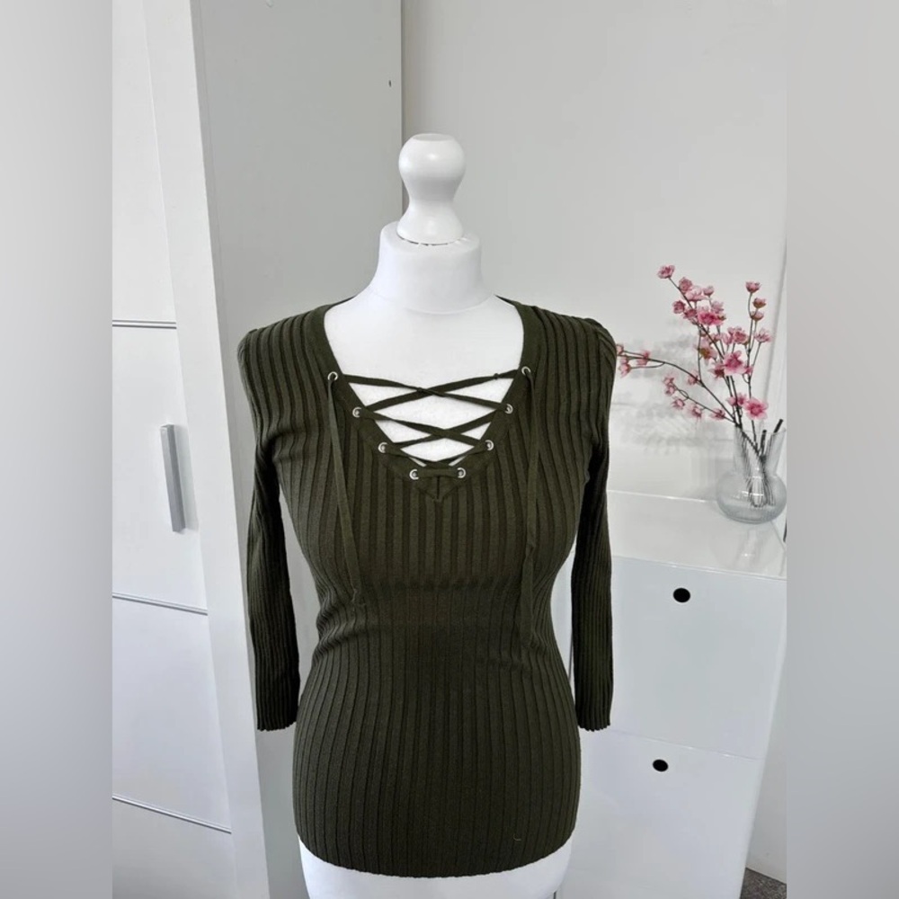 Olive Green Lace-Up Ribbed Sweater